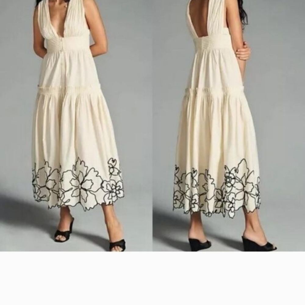 Anthropologie Cream Dress with Black Floral Design